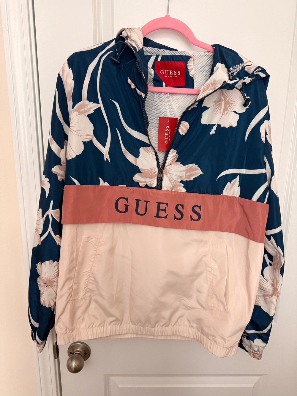 GUESS Navy & Blush Floral Half-Zip Windbreaker